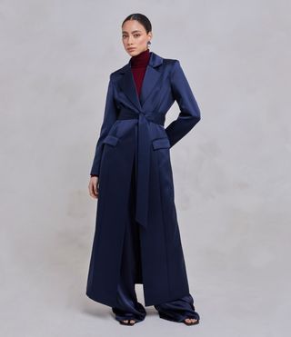 Saleha Navy Belted Satin Maxi Trench Blazer Coat by Sameera